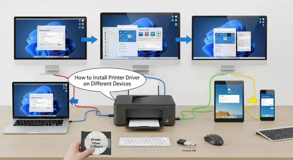 showing how to install printer driver on different devices like PC, laptop, tablet, and smartphone.