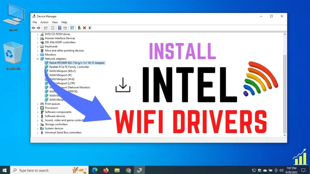 installing Wi-Fi drivers in Device Manager, a similar process to how to install a printer driver