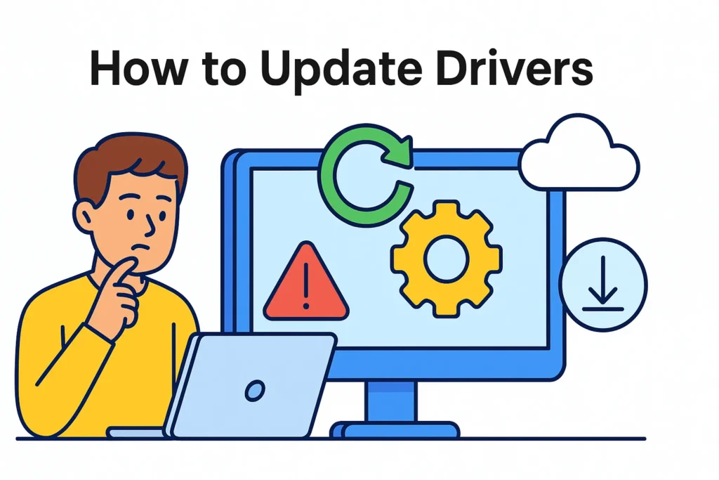 The image shows a man contemplating how to update drivers on his laptop. The screen displays a warning, a gear, and a download icon, illustrating the process of how to install a printer driver.