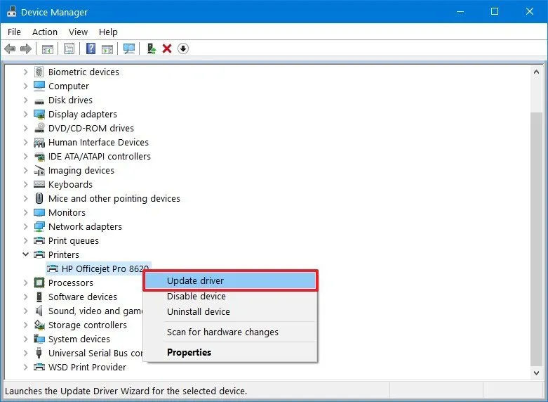 Device Manager window showing HP printer driver update option, demonstrating how to install printer driver in Windows easily.